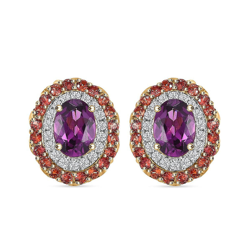 10K Yellow Gold  AAA   Purple Garnet ,  Padparadscha Sapphire ,  White Diamond  I2 Solitaire Stud Push Post Earring 2.87 ct,  Gold Wt. 2.63 Gms  3.160  Ct.