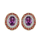 10K Yellow Gold  AAA   Purple Garnet ,  Padparadscha Sapphire ,  White Diamond  I2 Solitaire Stud Push Post Earring 2.87 ct,  Gold Wt. 2.63 Gms  3.160  Ct.