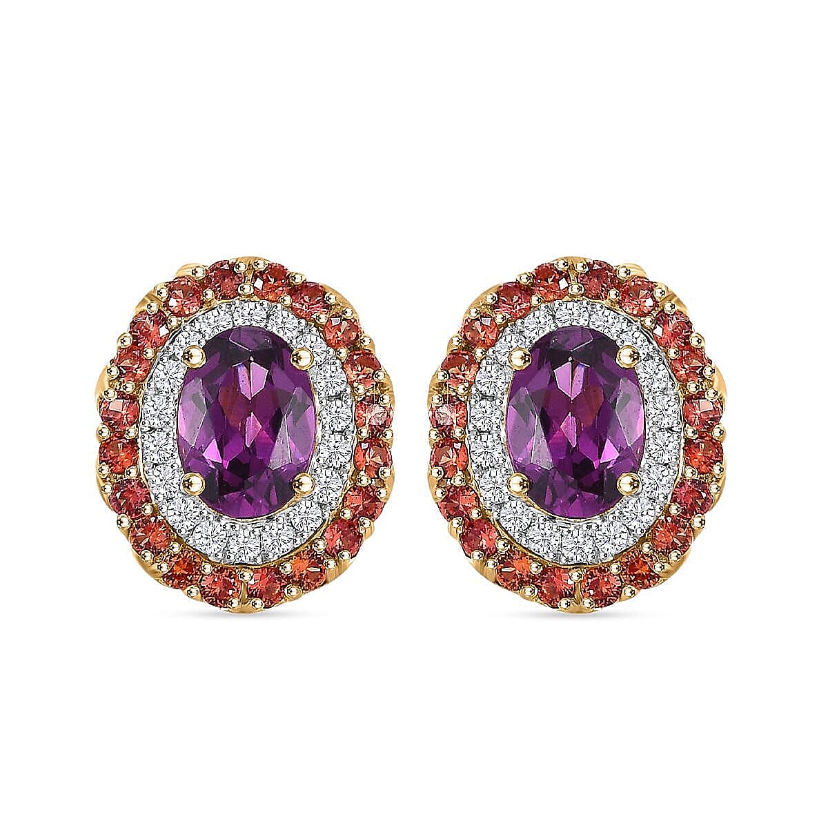Certified &amp; Appraised LUXORO AAA Purple Garnet, Padparadscha Sapphire, White Diamond Double Halo Push Post Earring 3.16 Ct. 7986442 0