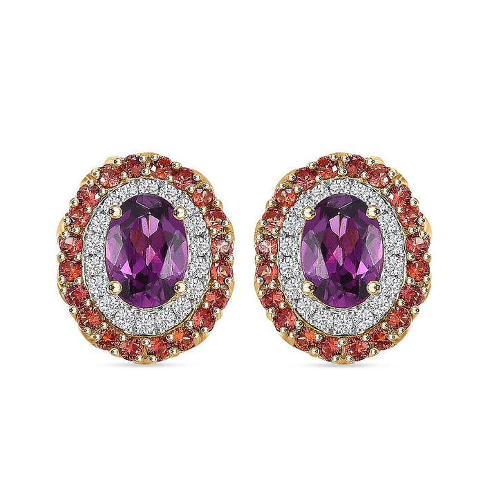 Certified &amp; Appraised LUXORO AAA Purple Garnet, Padparadscha Sapphire, White Diamond Double Halo Push Post Earring 3.16 Ct. 7986442 1