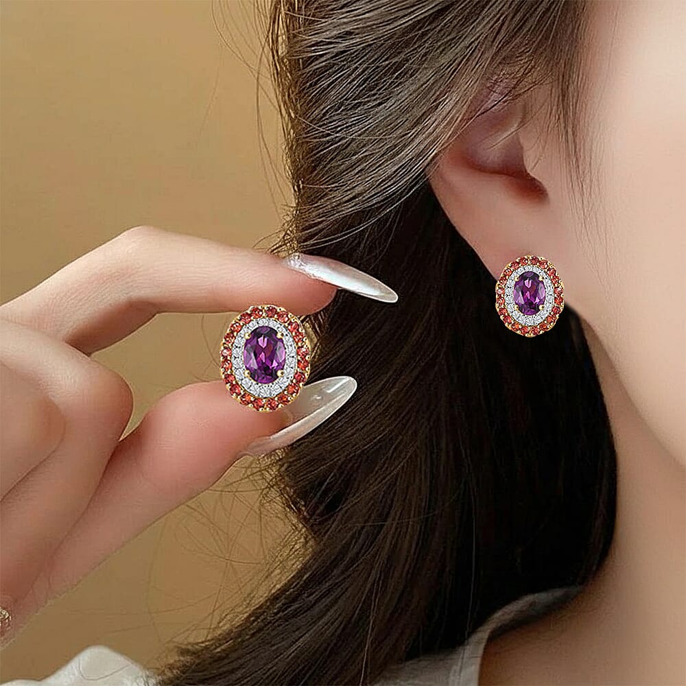 Certified &amp; Appraised LUXORO AAA Purple Garnet, Padparadscha Sapphire, White Diamond Double Halo Push Post Earring 3.16 Ct. 7986442 2