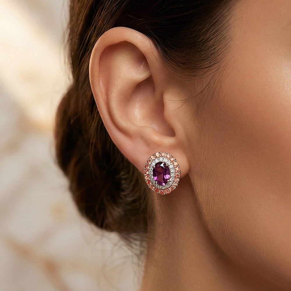 Certified &amp; Appraised LUXORO AAA Purple Garnet, Padparadscha Sapphire, White Diamond Double Halo Push Post Earring 3.16 Ct. 7986442 3