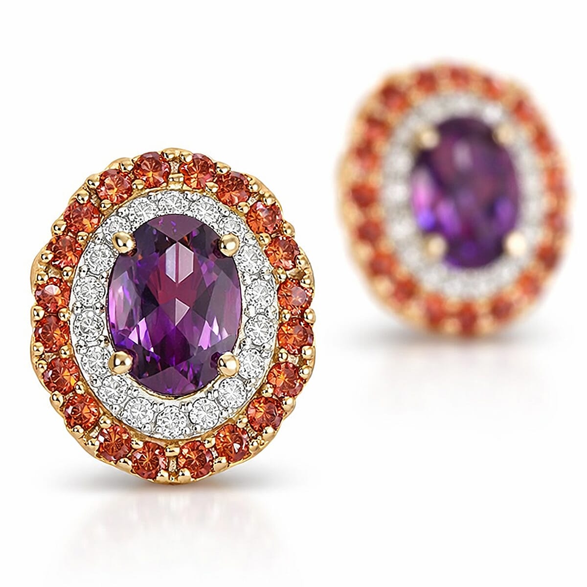 Certified &amp; Appraised LUXORO AAA Purple Garnet, Padparadscha Sapphire, White Diamond Double Halo Push Post Earring 3.16 Ct. 7986442 4