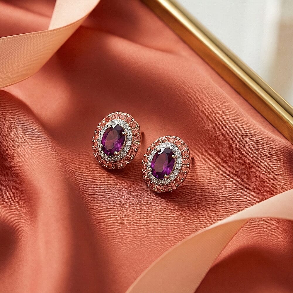 10K Yellow Gold  AAA   Purple Garnet ,  Padparadscha Sapphire ,  White Diamond  I2 Solitaire Stud Push Post Earring 2.87 ct,  Gold Wt. 2.63 Gms  3.160  Ct.