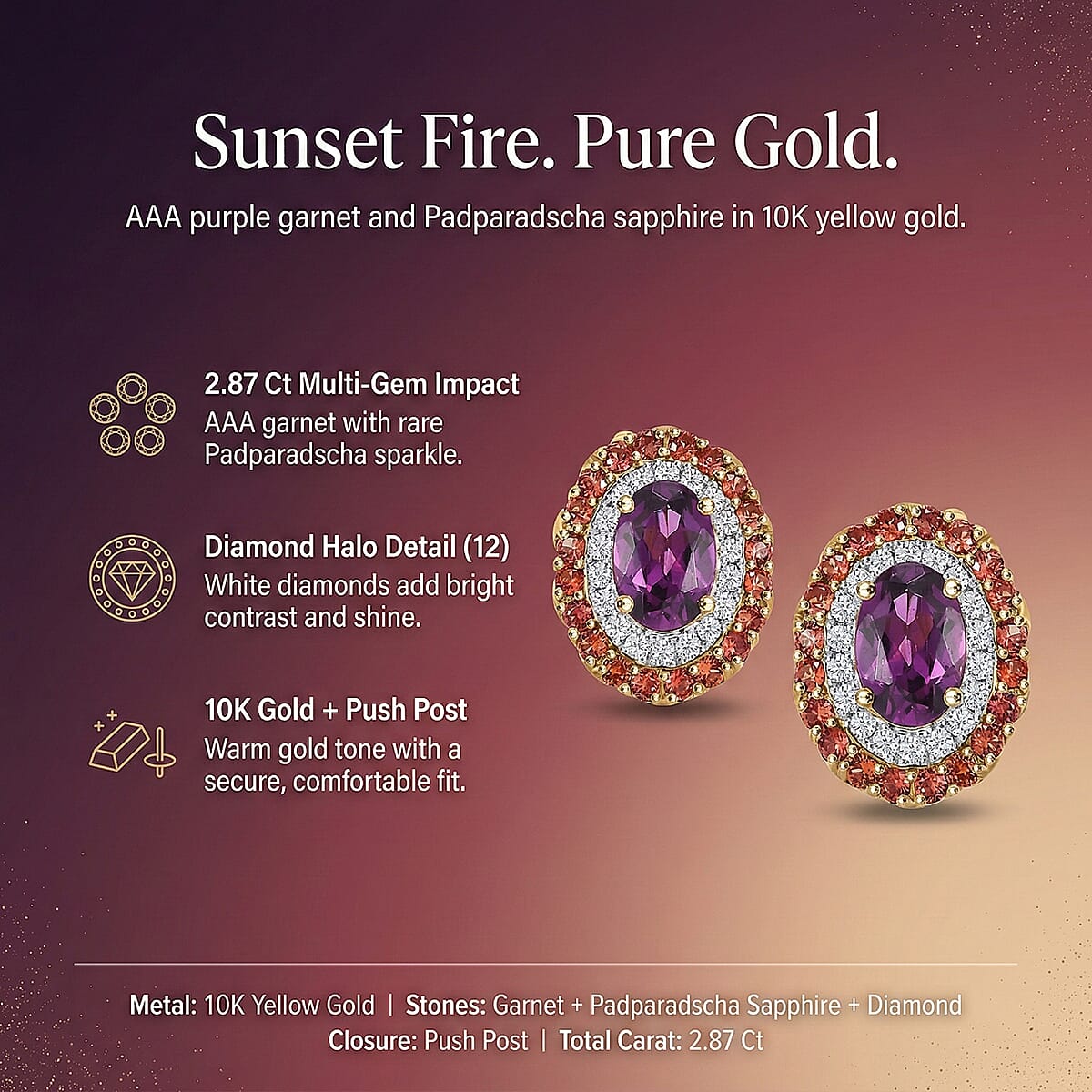 Certified &amp; Appraised LUXORO AAA Purple Garnet, Padparadscha Sapphire, White Diamond Double Halo Push Post Earring 3.16 Ct. 7986442 6