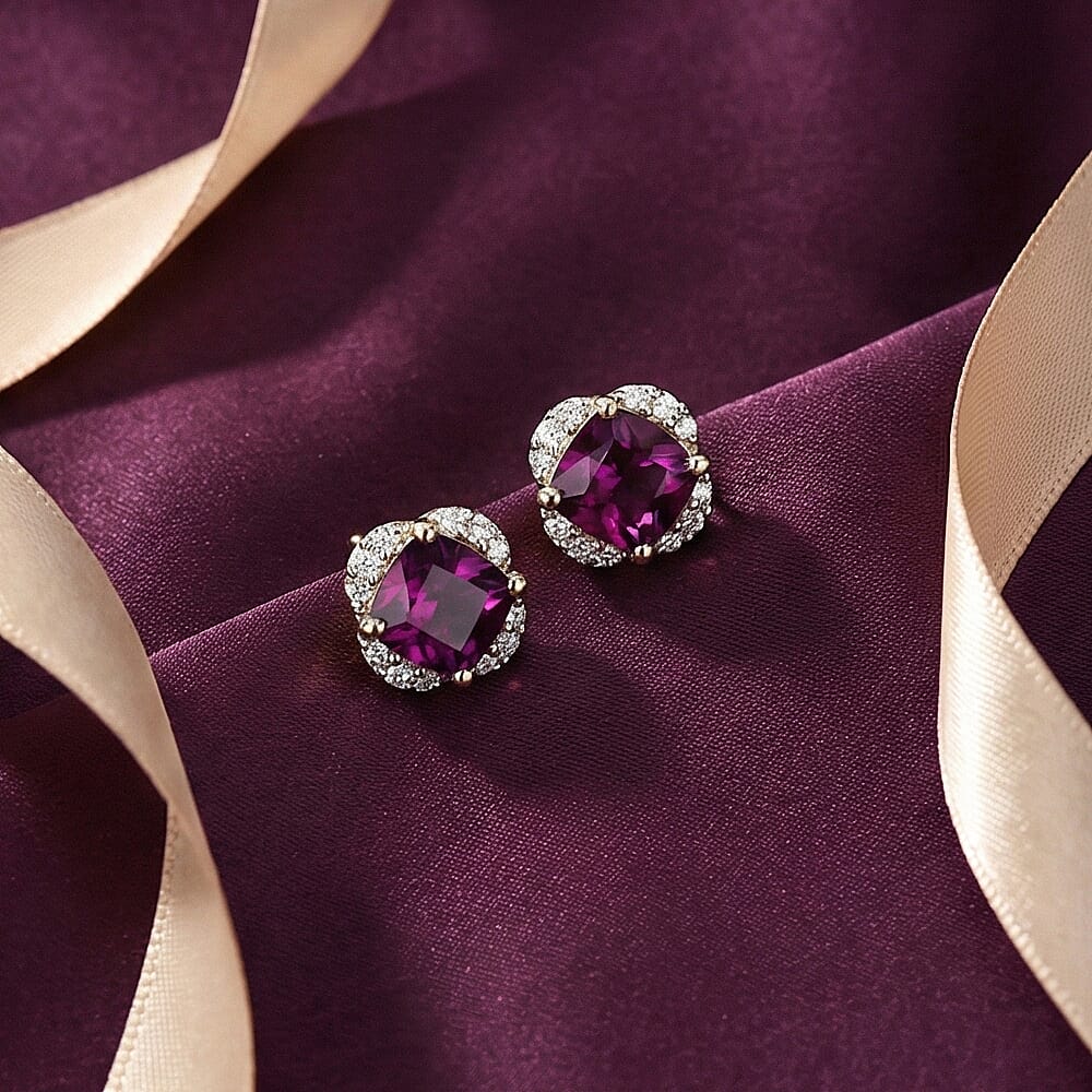 Certified &amp; Appraised LUXORO AAA Purple Garnet, White Diamond Halo Earring in 10K Yellow Gold 1.43 Ct. 7976727 2