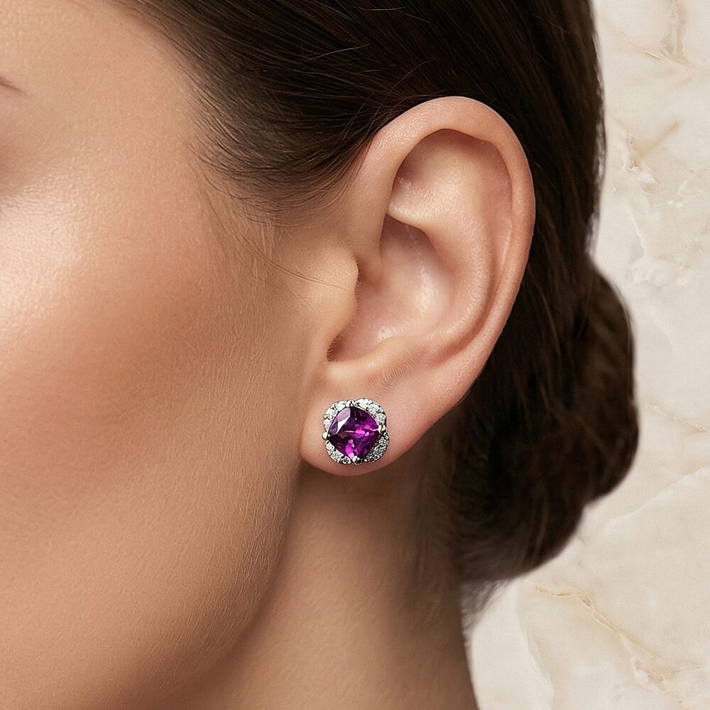 Certified &amp; Appraised LUXORO AAA Purple Garnet, White Diamond Halo Earring in 10K Yellow Gold 1.43 Ct. 7976727 3