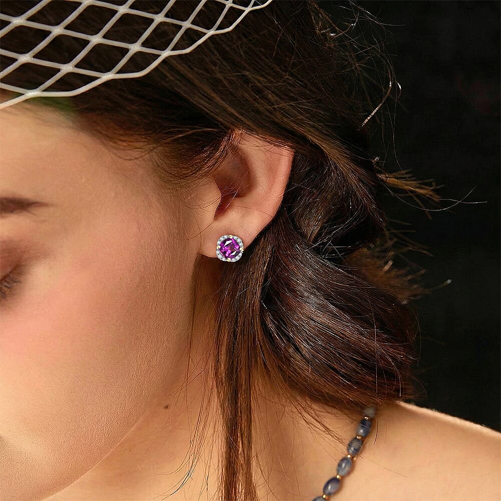 Certified &amp; Appraised LUXORO AAA Purple Garnet, White Diamond Halo Earring in 10K Yellow Gold 1.43 Ct. 7976727 5