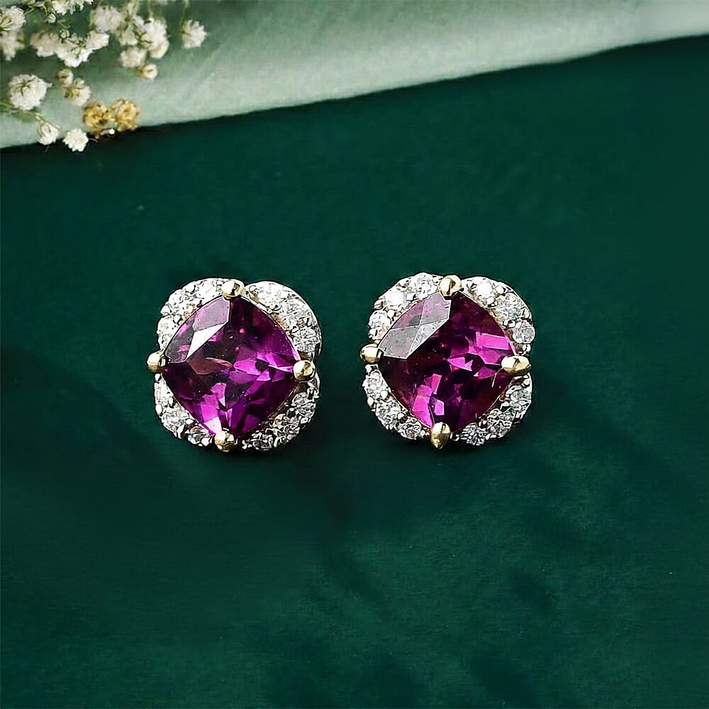 Certified &amp; Appraised LUXORO AAA Purple Garnet, White Diamond Halo Earring in 10K Yellow Gold 1.43 Ct. 7976727 6