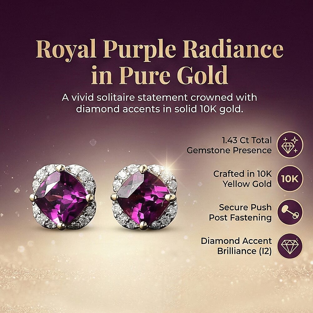 Certified &amp; Appraised LUXORO AAA Purple Garnet, White Diamond Halo Earring in 10K Yellow Gold 1.43 Ct. 7976727 7