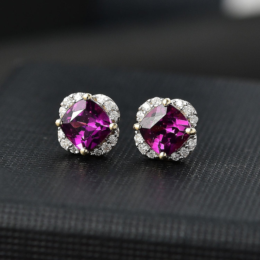 10K Yellow Gold  AAA   Purple Garnet ,  White Diamond  I2 Solitaire Stud Push Post Earring 1.43 ct,  Gold Wt. 1.31 Gms  1.434  Ct.