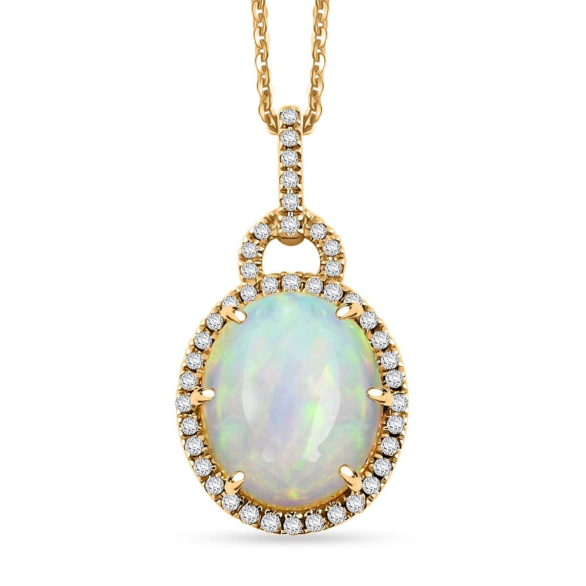 Certified &amp; Appraised LUXORO AAA Ethiopian Opal, White Diamond Halo Pendant in 10K Yellow Gold with Chain (18 Inch) 3.60 Ct. AGI Certified (I2-GH) 4360387 0