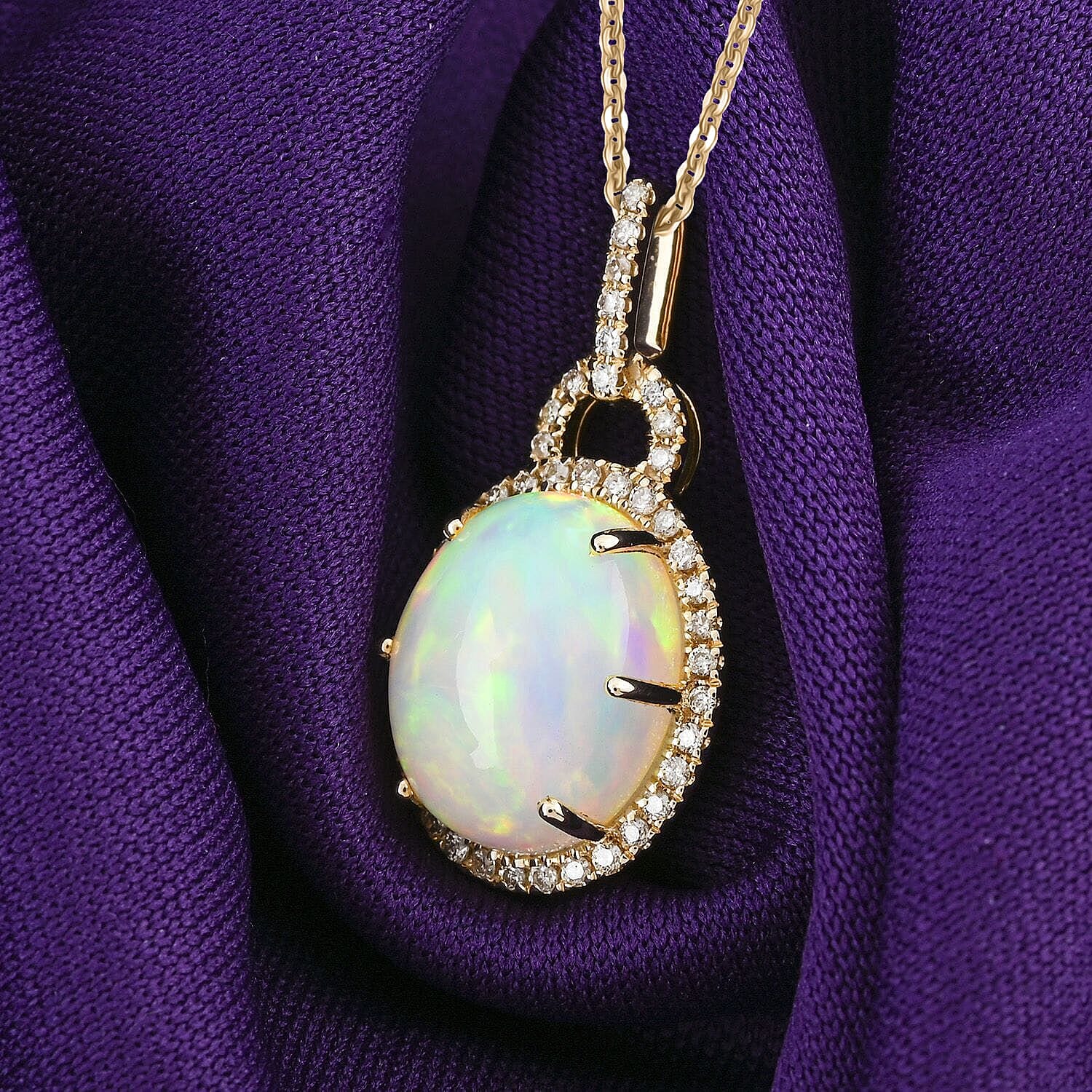 Certified &amp; Appraised LUXORO AAA Ethiopian Opal, White Diamond Halo Pendant in 10K Yellow Gold with Chain (18 Inch) 3.60 Ct. AGI Certified (I2-GH) 4360387 1
