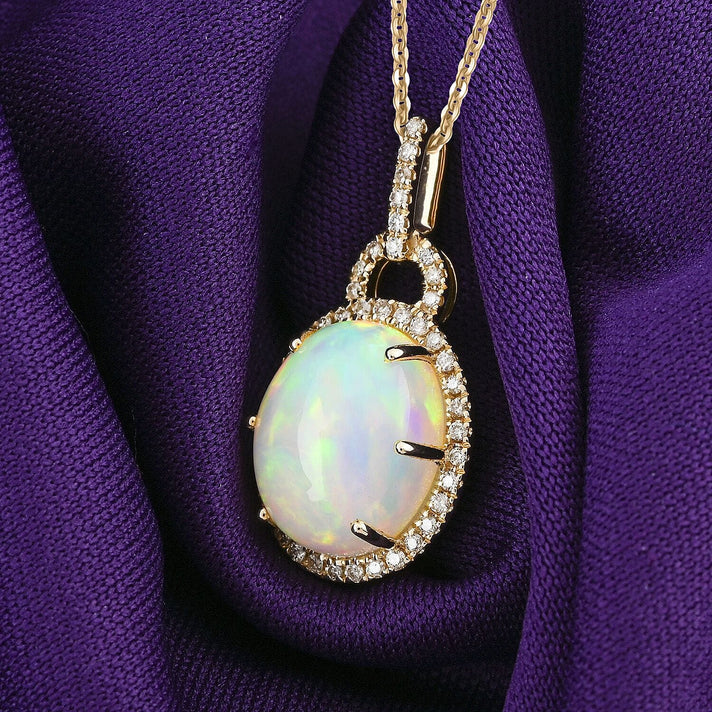 Certified &amp; Appraised LUXORO AAA Ethiopian Opal, White Diamond Halo Pendant in 10K Yellow Gold with Chain (18 Inch) 3.60 Ct. AGI Certified (I2-GH) 4360387 2