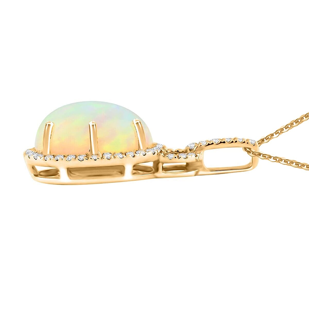 Certified &amp; Appraised LUXORO AAA Ethiopian Opal, White Diamond Halo Pendant in 10K Yellow Gold with Chain (18 Inch) 3.60 Ct. AGI Certified (I2-GH) 4360387 3