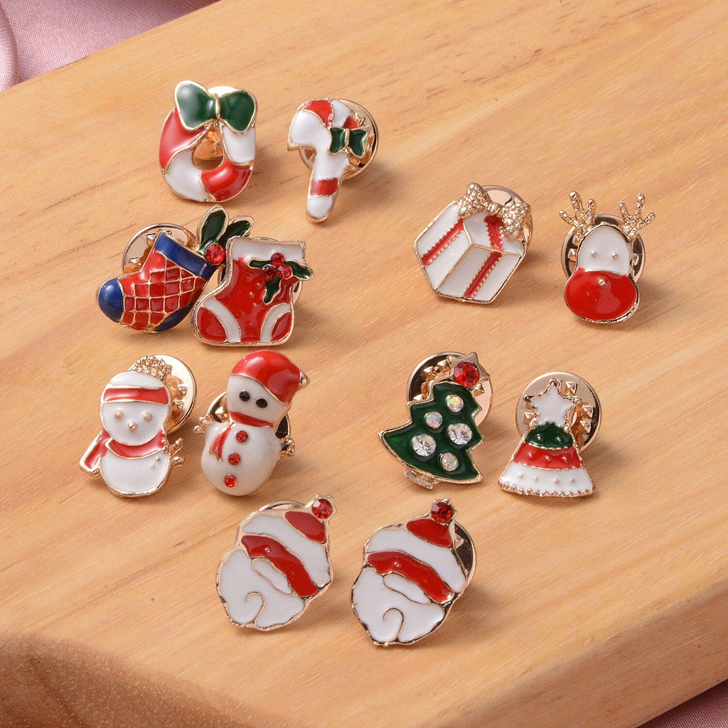 12 Piece Set - Red, Black and Multi Colour Austrian Crystal Enamelled Christmas Brooch in Gold Tone
