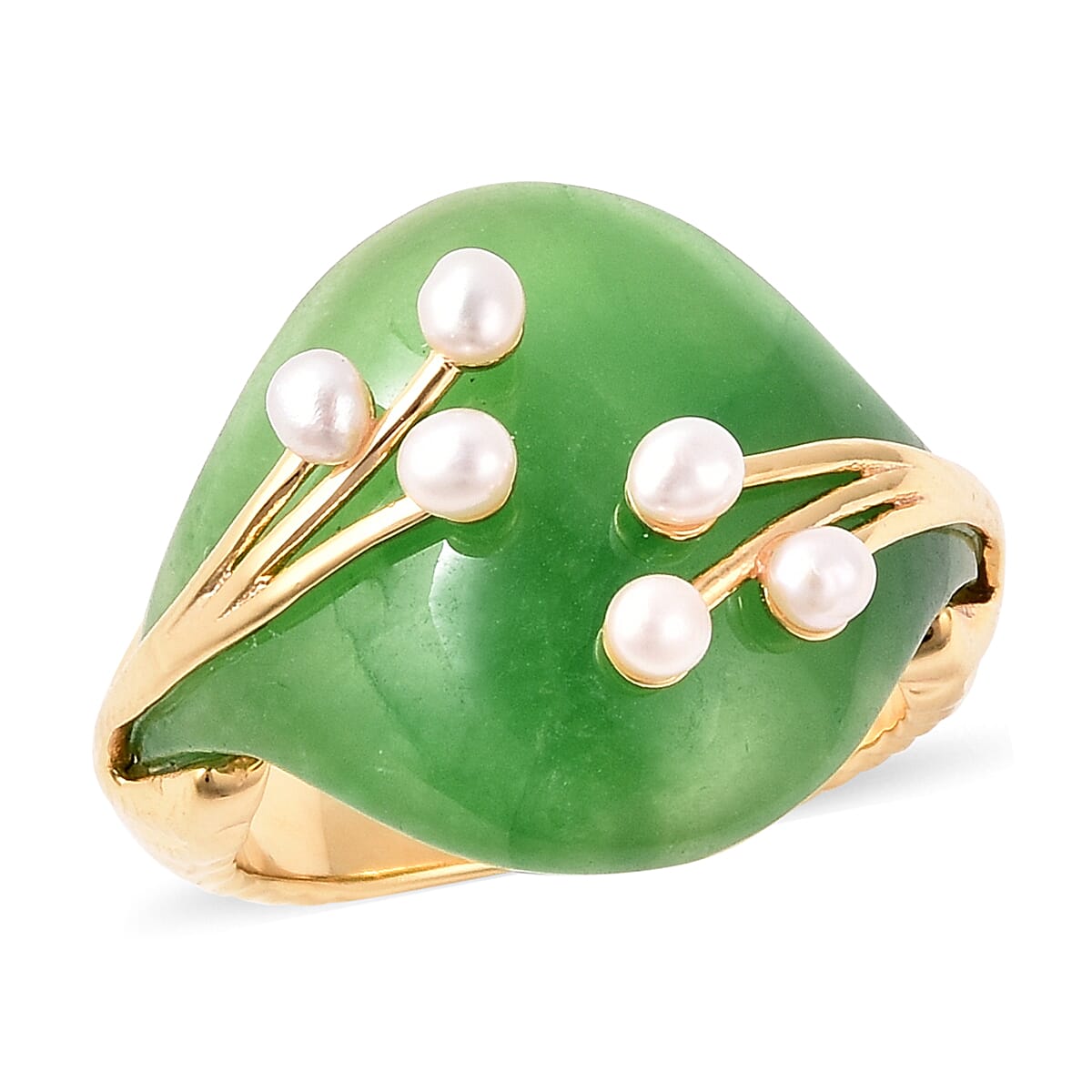 12.5 Ct. Carved Green Jade and Fresh Water Pearl Ring in  Yellow Gold Over Sterling Silver 3676868 0
