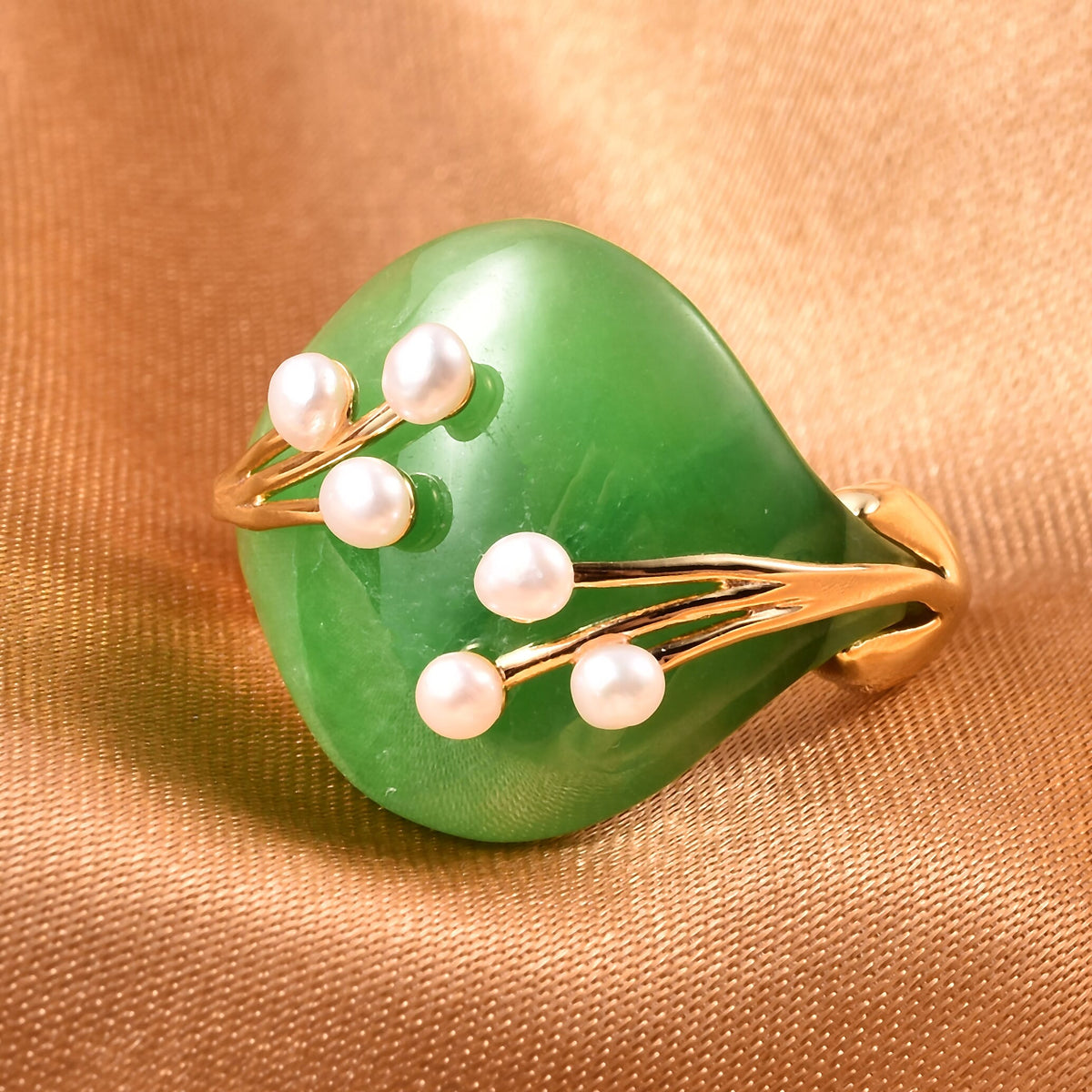 12.5 Ct. Carved Green Jade and Fresh Water Pearl Ring in  Yellow Gold Over Sterling Silver 3676868 1