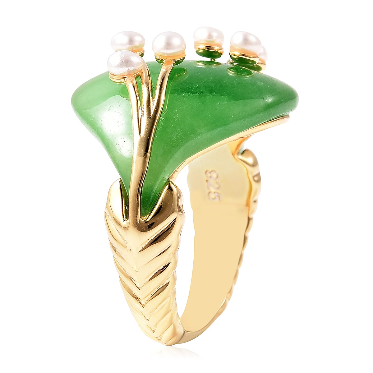 12.5 Ct. Carved Green Jade and Fresh Water Pearl Ring in  Yellow Gold Over Sterling Silver 3676868 3