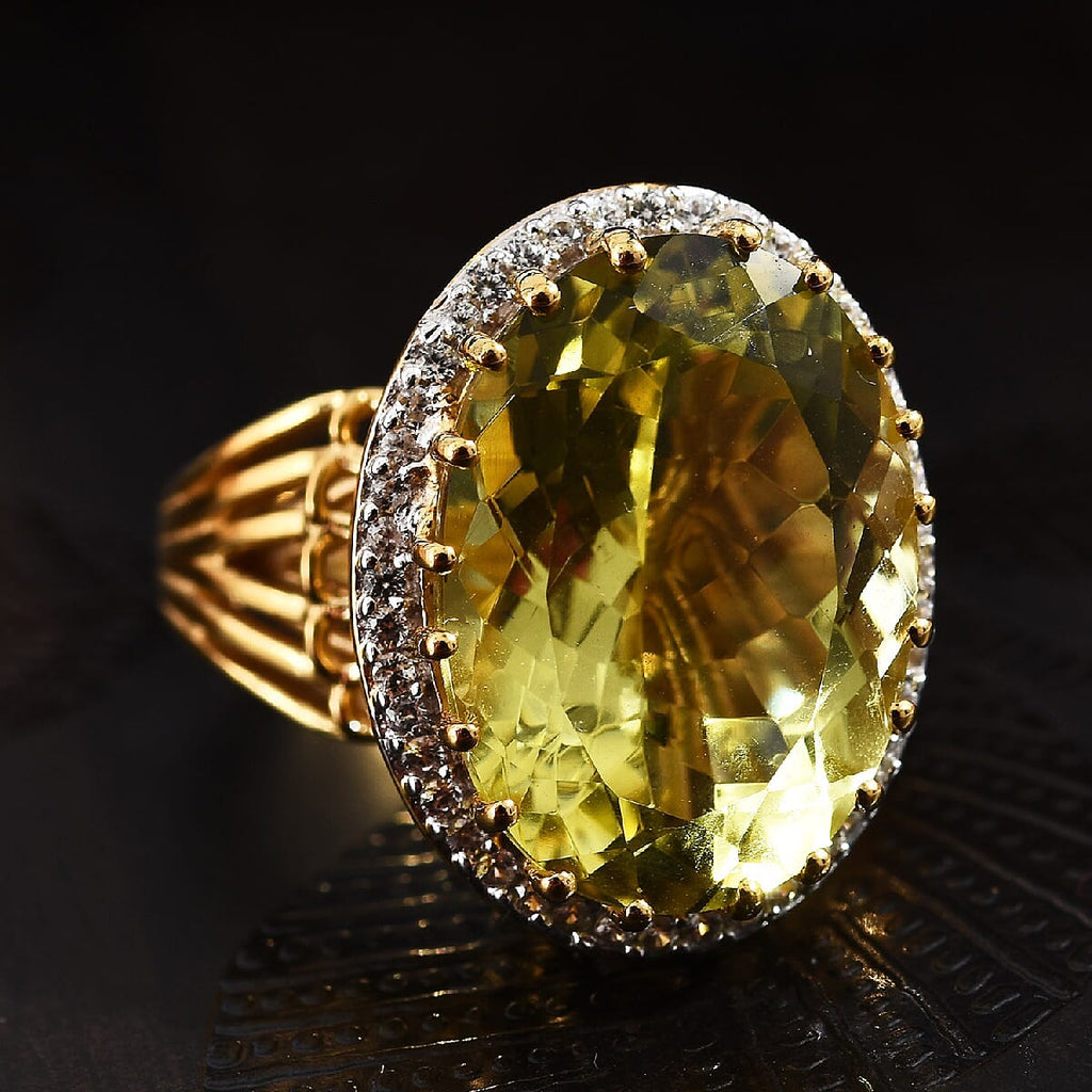Natural Ouro Verde Quartz (Ovl 18x13 mm), Natural White Cambodian Zircon Ring in 14K Gold Overlay Sterling Silver 12.50 Ct, Silver wt 6.58 Gms