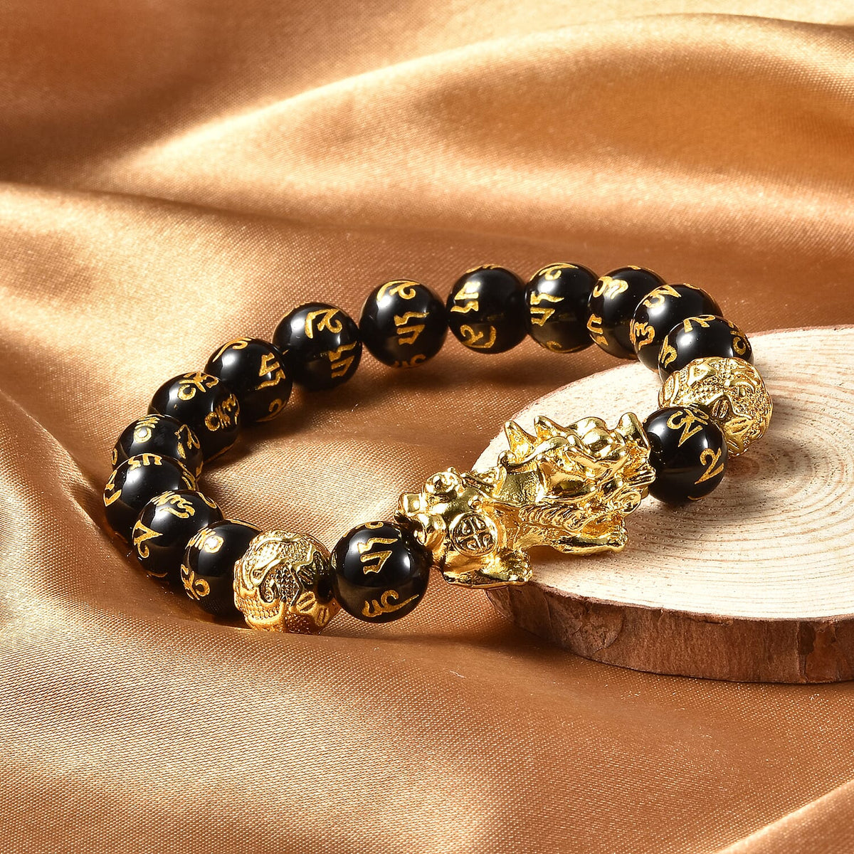 138 Ct. Black Obsidian Feng Shui Pixiu Stretchable Bracelet in Gold-Tone 6297594 2