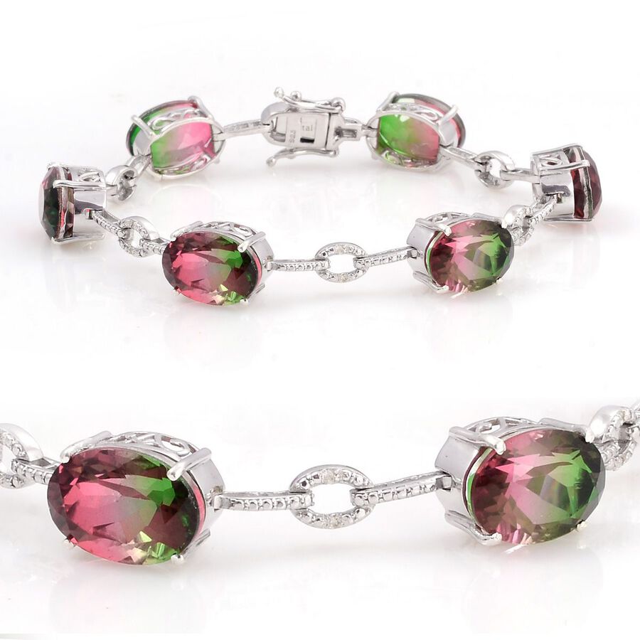 Bi-Colour Tourmaline Quartz (Ovl), Diamond Bracelet in Platinum Overlay Sterling Silver (Size 7.5)  32.050 Ct. 1411565 0
