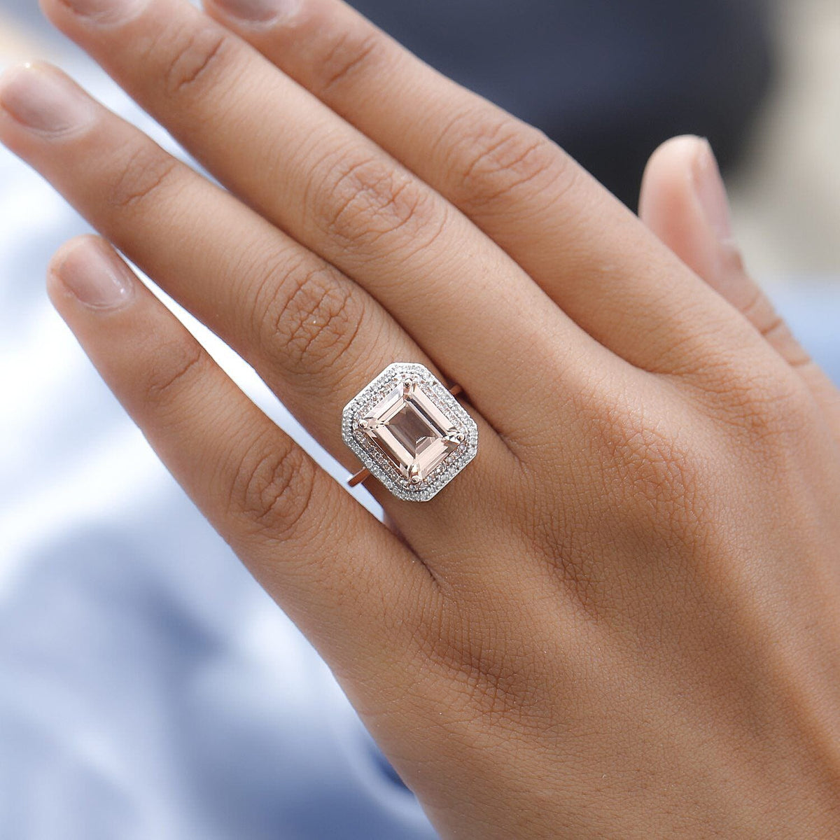 14K Rose Gold Morganite, Pink Diamond and White Diamond Halo Wedding Band Ring 4.35 Ct. 7461726 4