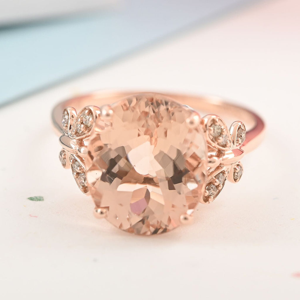 Luxoro - 14K Rose Gold AAA Marropino Morganite & Champagne Diamond Solitaire Ring 4.40 Ct.