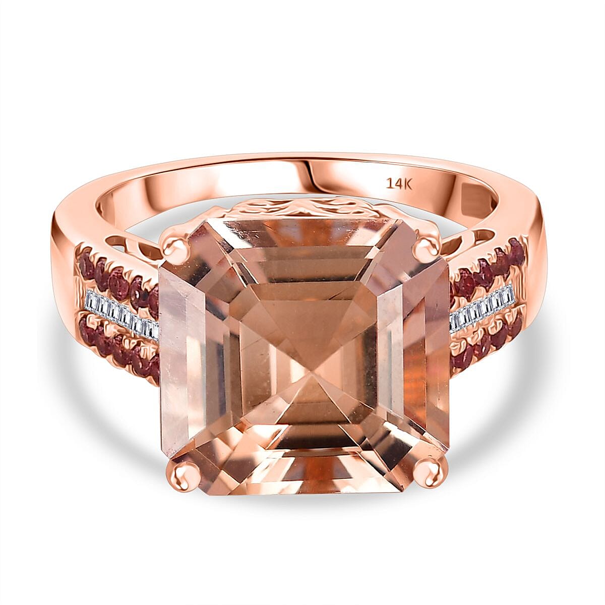 14K Rose Gold AAA Morganite, Padparadscha Sapphire &amp; White Diamond I2-G-H Ring 10.70 Ct, Gold Wt. 5.10 Gms. 8018318 0