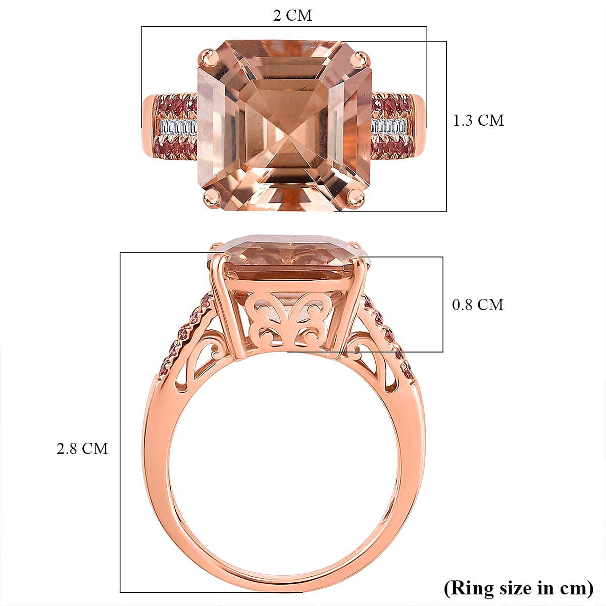 14K Rose Gold AAA Morganite, Padparadscha Sapphire &amp; White Diamond I2-G-H Ring 10.70 Ct, Gold Wt. 5.10 Gms. 8018318 5