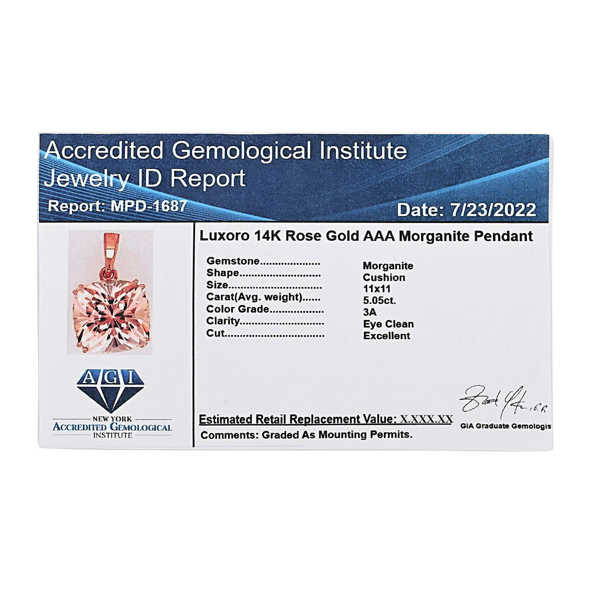 Certified and Appraised 14K Rose Gold AAA Marropino Morganite Solitaire Pendant 5.05 ct. 7158692 7
