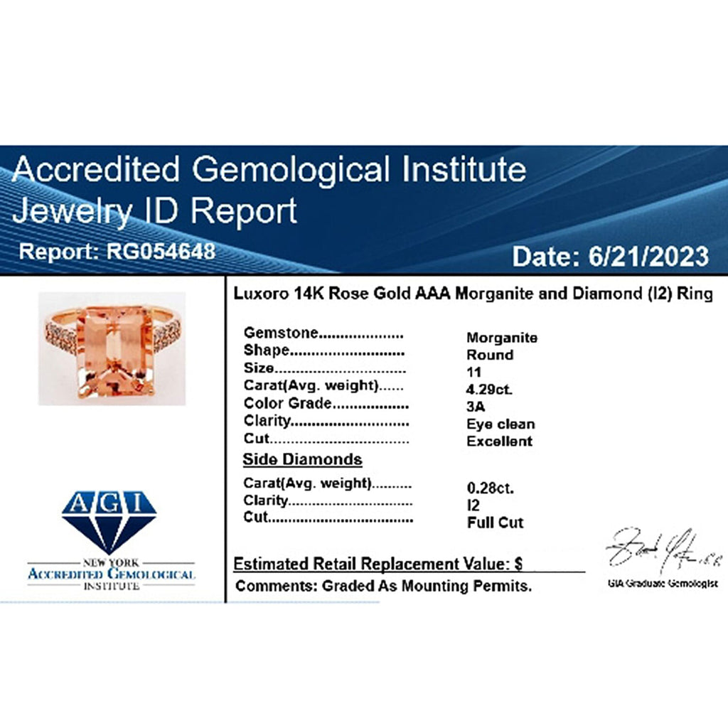 14K Rose Gold  AAA   Morganite ,  White Diamond  I2 Ring 6.15 ct,  Gold Wt. 3.4 Gms  6.150  Ct.