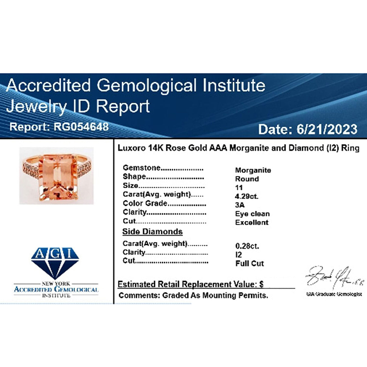 Certified &amp; Appraised 6.15 Ct. Morganite, Diamond Solitaire Ring in 14K Rose Gold 7626161 7