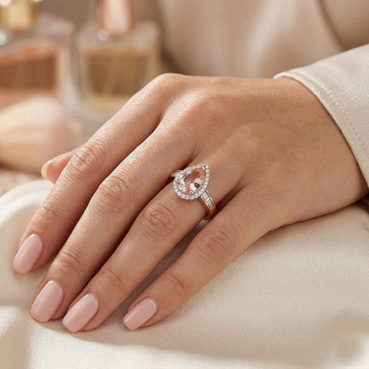 Tony Diniz Collection- Palmeiras AAA Pink Morganite, Natural Diamond Pear Halo Ring in 14K Rose Gold 2.05 Ct. V32504382 2
