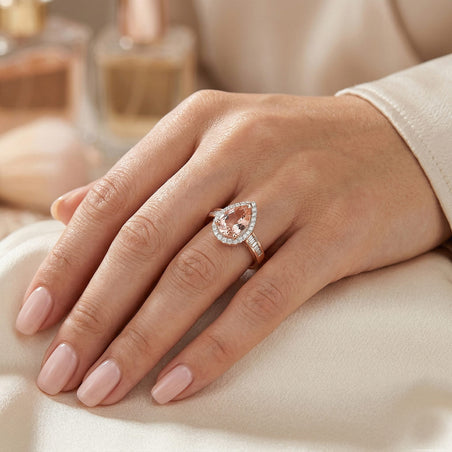 Tony Diniz Collection- Palmeiras AAA Pink Morganite, Natural Diamond Pear Halo Ring in 14K Rose Gold 2.05 Ct. V32462427 2