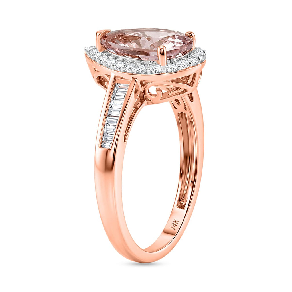 Tony Diniz Collection- 14K Rose Gold Palmeiras AAAA Pink Morganite and Natural Diamond Pear Halo Ring 2.05 Ct,