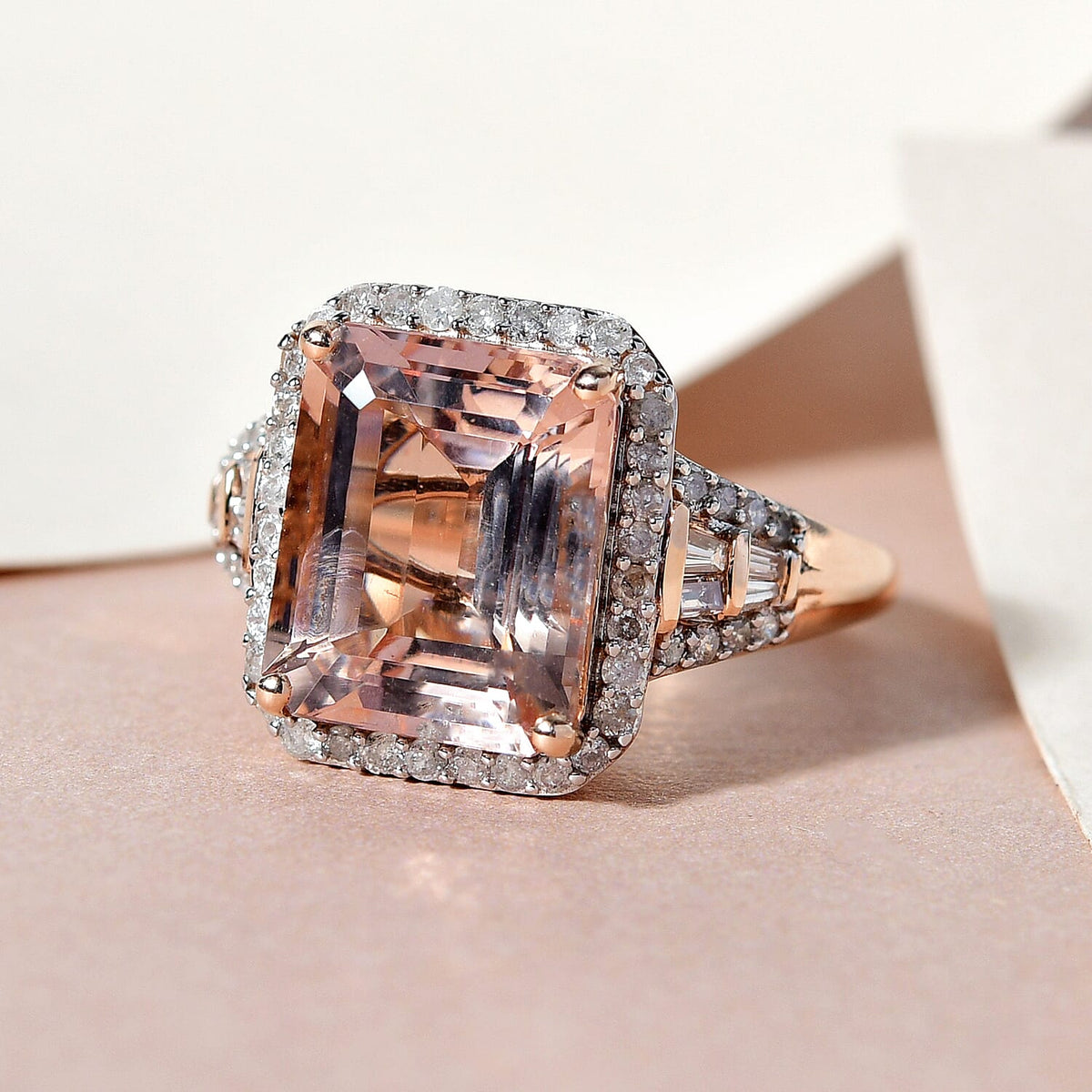 14K Rose Gold Morganite and Round Cut Diamond Halo Engagement Ring 4.70 Ct 8834890 2