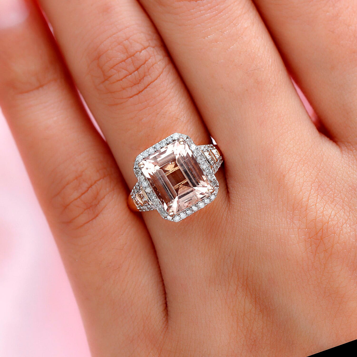 14K Rose Gold Morganite and Round Cut Diamond Halo Engagement Ring 4.70 Ct 8834890 3
