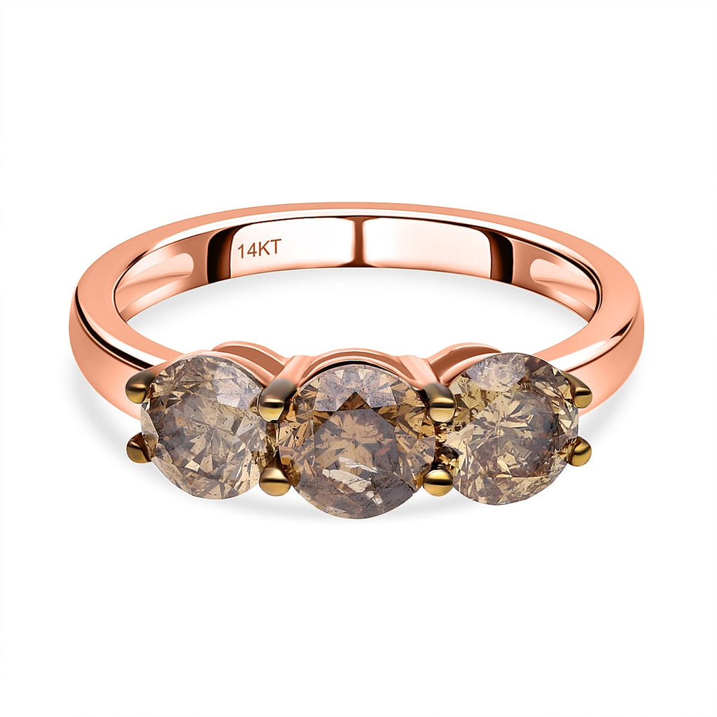 14K Rose Gold SGL Certified Natural Champagne Diamond (I1-I2) 3 Stone Ring 2.00 Ct.