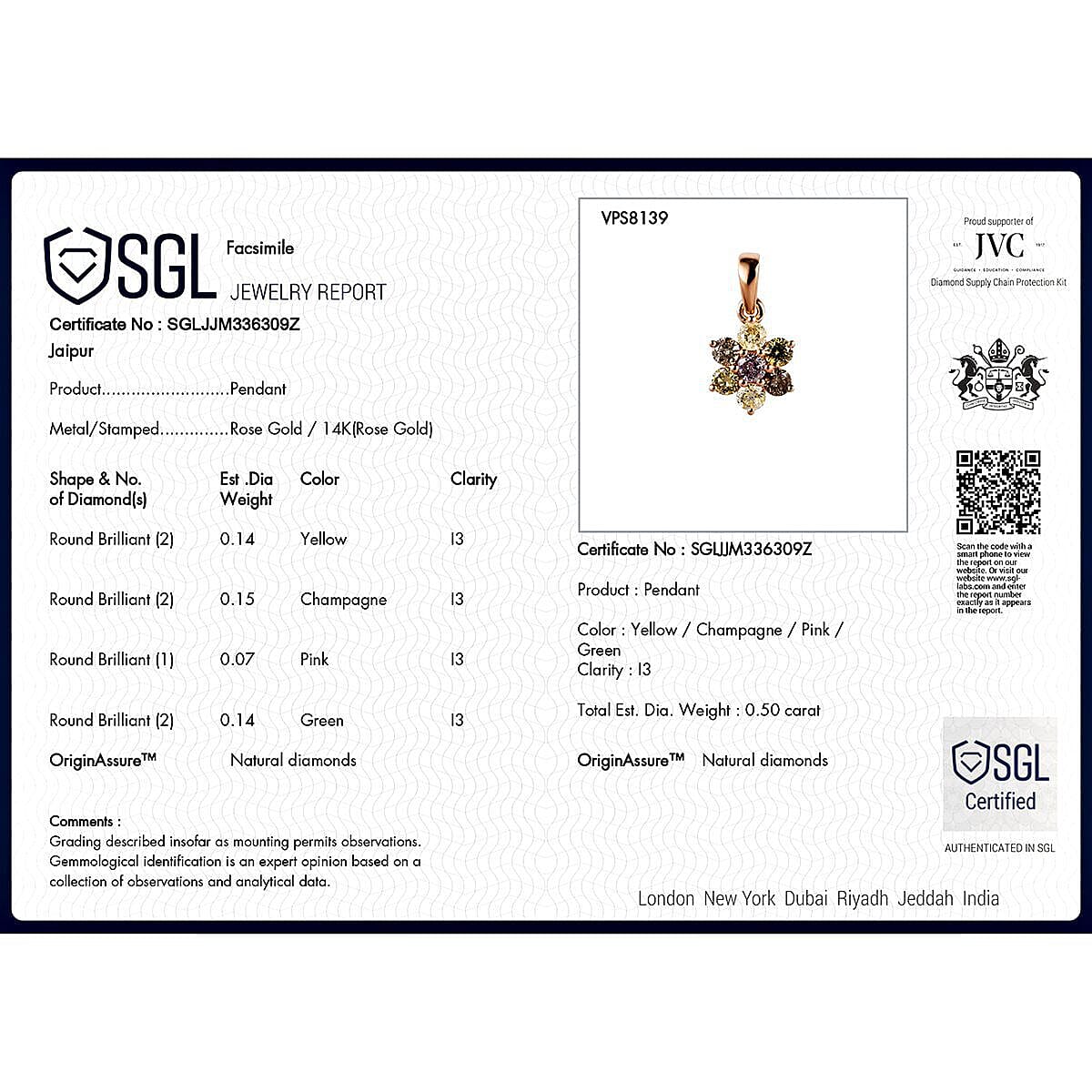 14K Rose Gold SGL Certified Pink Diamond, Champagne Diamond and Natural Yellow Diamond Floral Pendant 0.50 Ct. 7388038 7