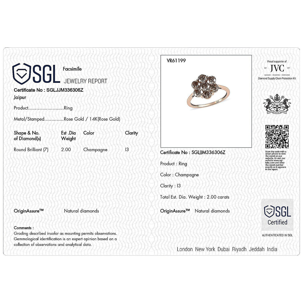 14K Rose Gold SGL Certified Natural Champagne Diamond Floral Ring 2.00 Ct. 7480681 7