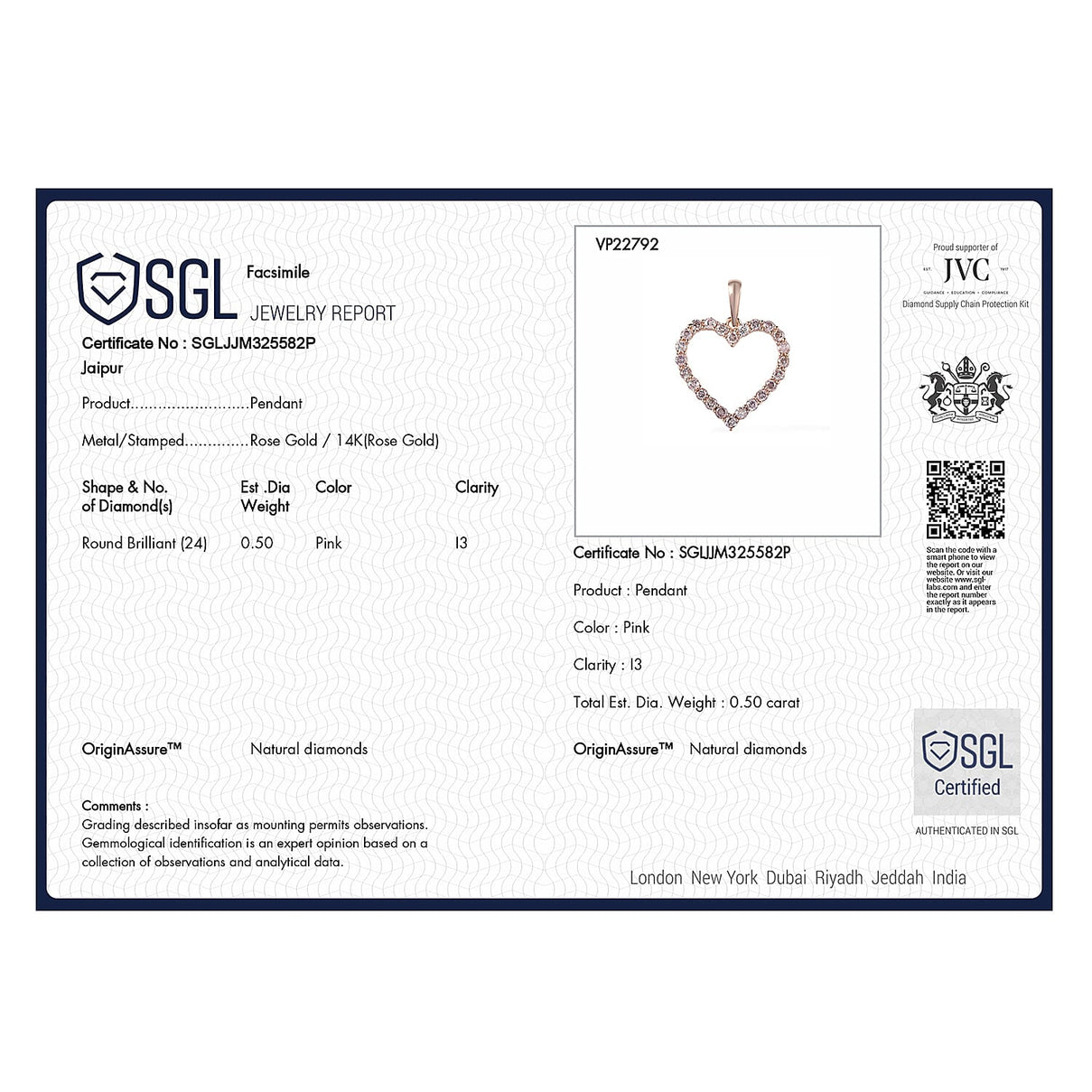 14K Rose Gold SGL Certified Pink Diamond I3 Open Heart Pendant 0.50 Ct 7201407 7