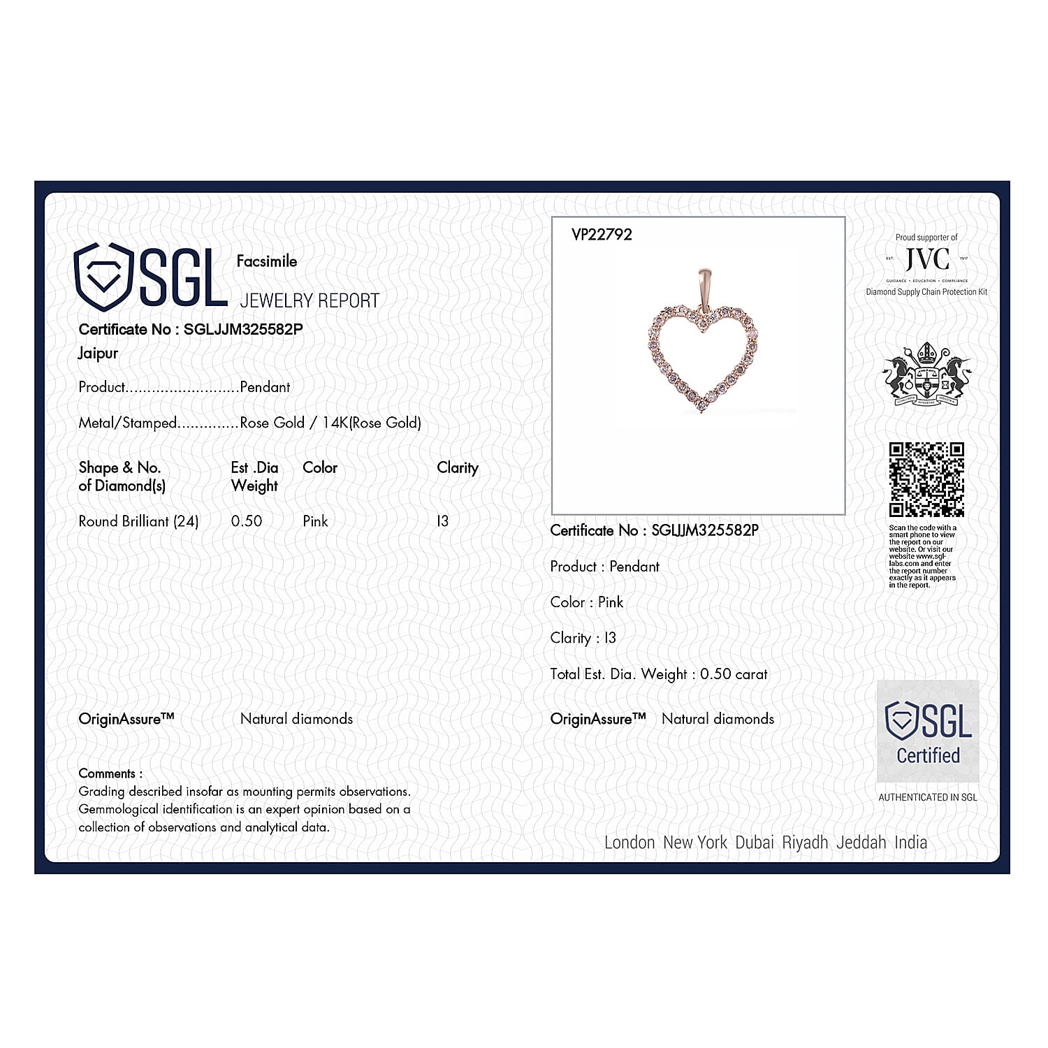 14K Rose Gold SGL Certified Pink Diamond I3 Open Heart Pendant 0.50 Ct 7201407 7