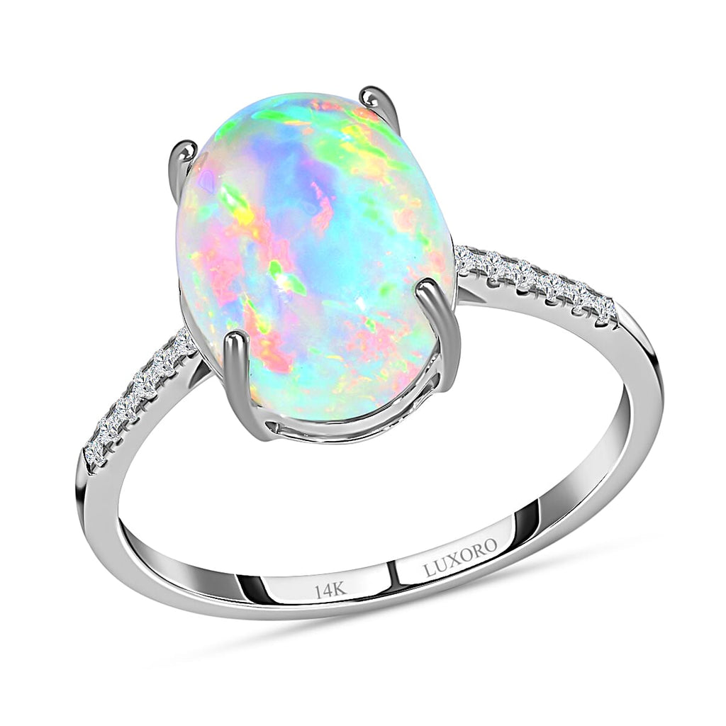 AGI Certified and Appraised 14K White Gold AAA Ethiopian Welo Opal and Diamond (I1) Ring 4.35 Ct.