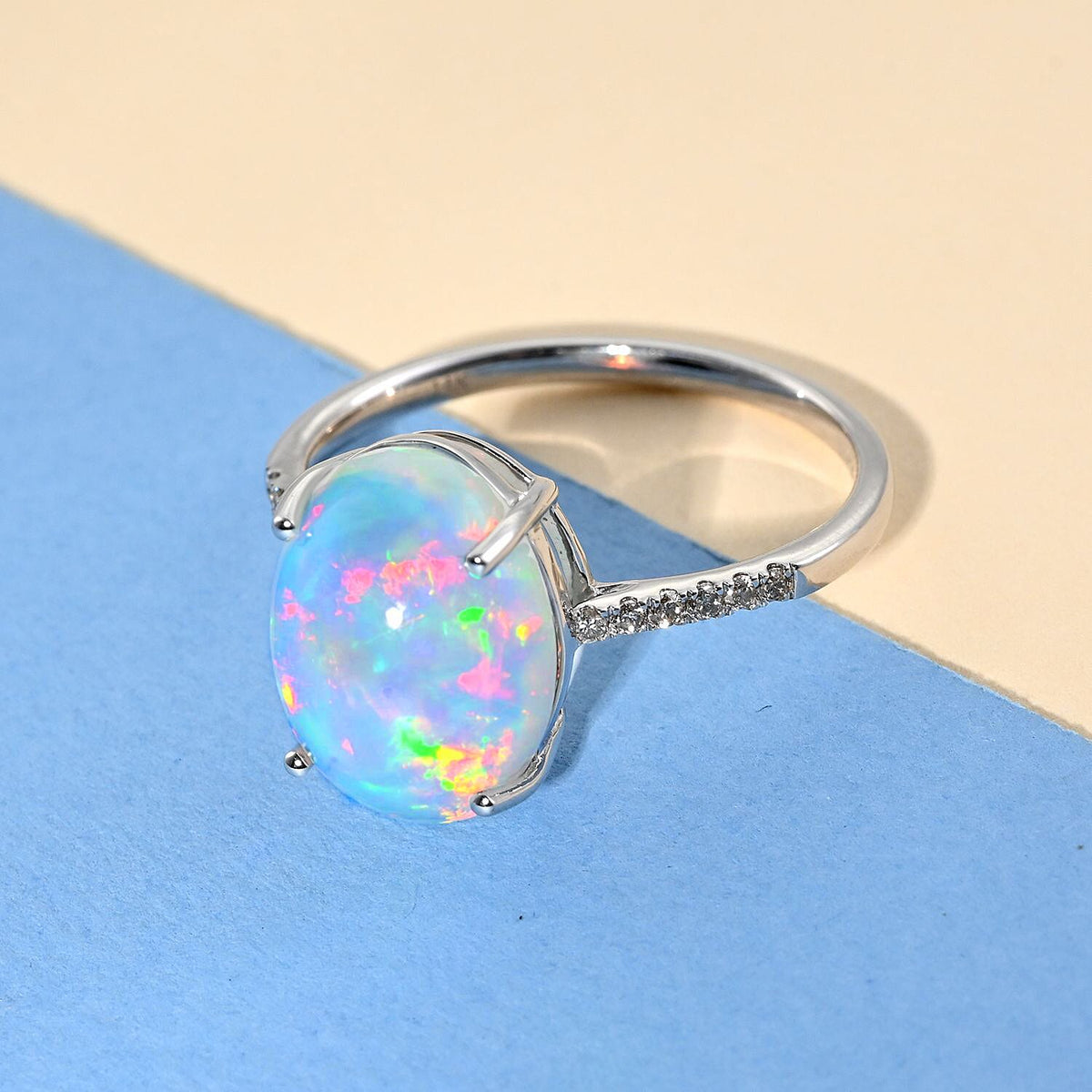 Appraised AAA Ethiopian Welo Opal and Diamond Solitaire Ring in 14K White Gold, AGI Certified 7134554 1