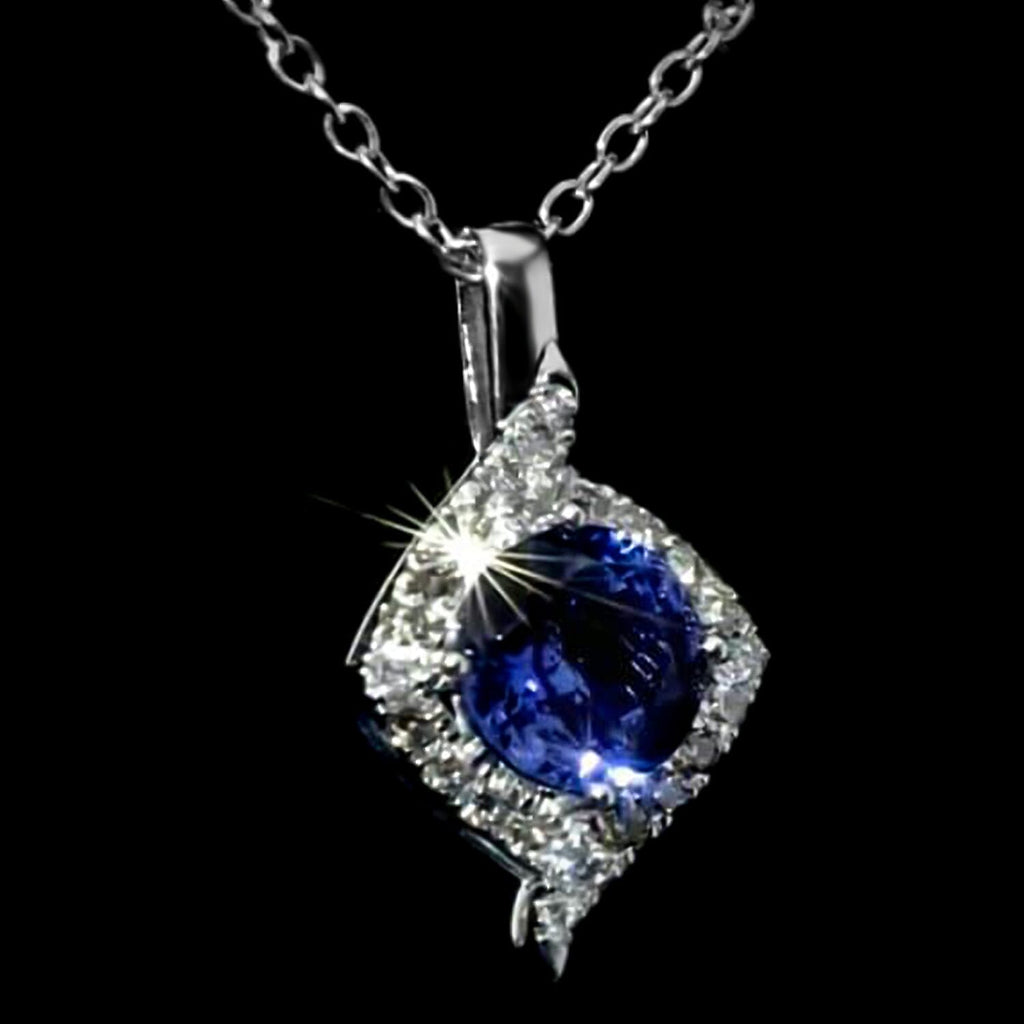 14K White Gold AGI Certified AAA Tanzanite & White Diamond (I2-G-H) Pendant 3.10 Ct.