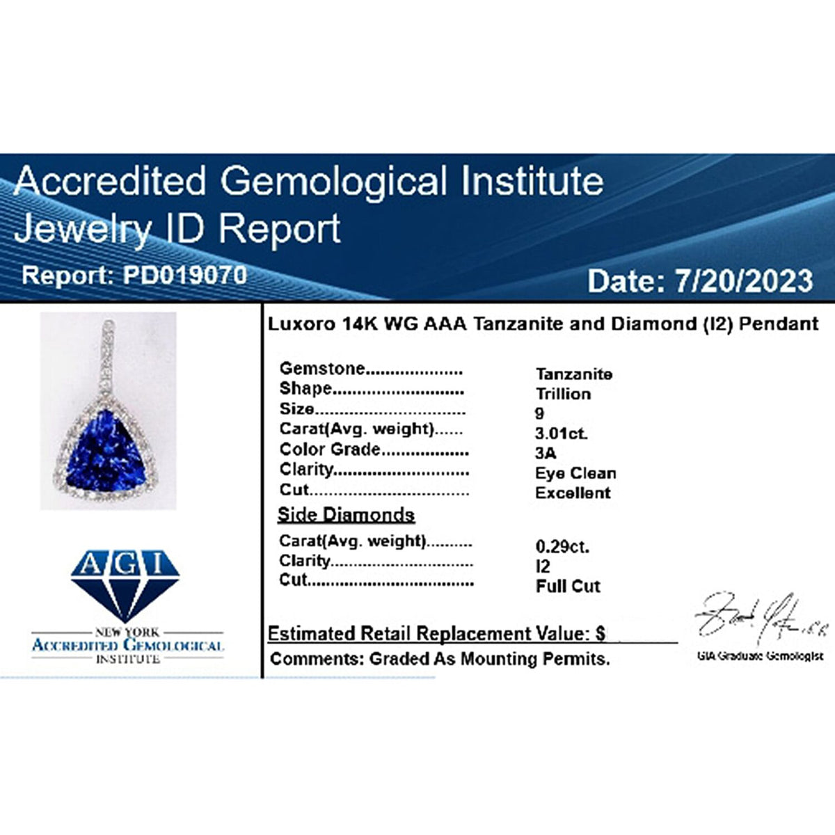 14K White Gold AAA Tanzanite and White Diamond I2 Pendant in Gold Wt. 1.96 grams, 3.30 Ct 7594566 5