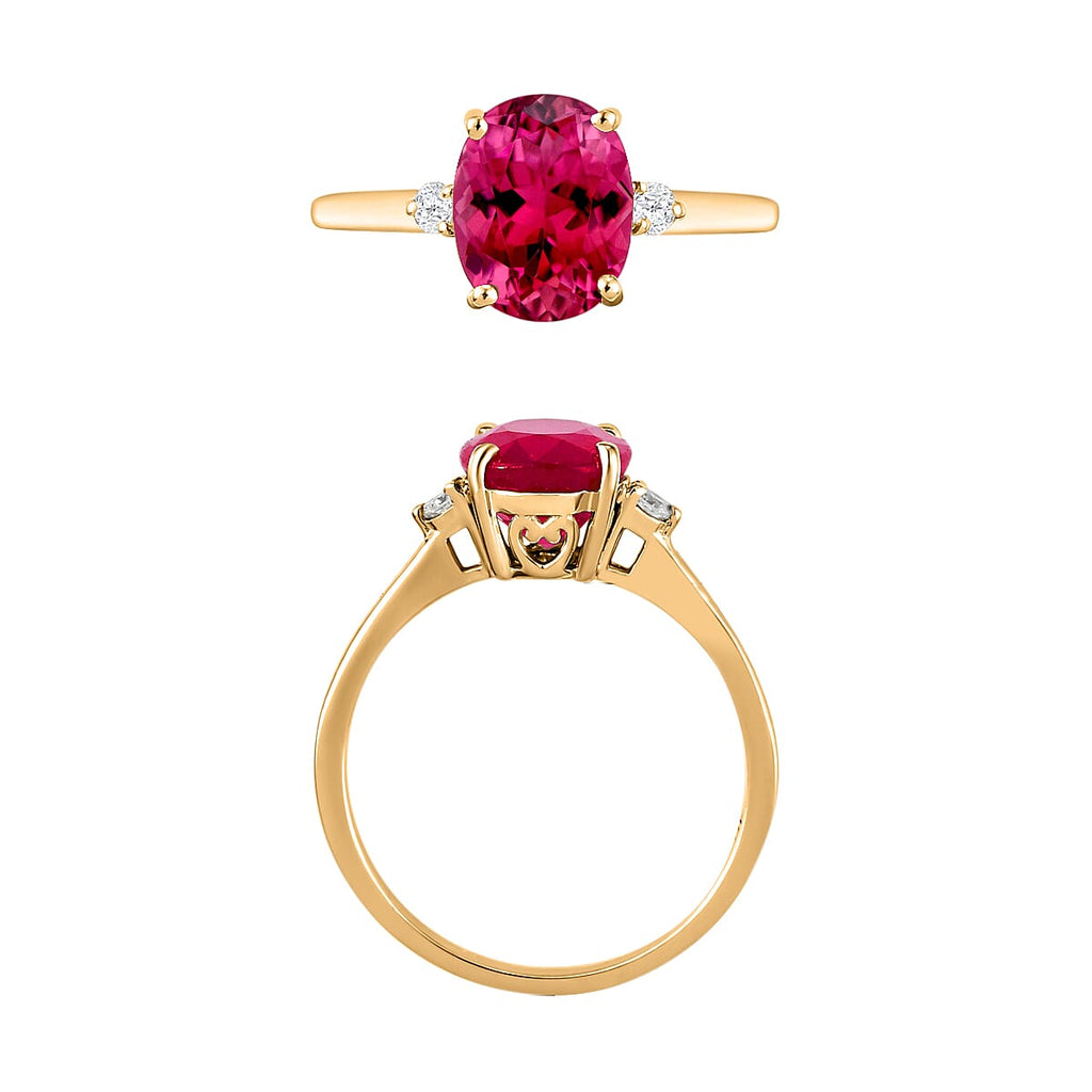 14K Yellow Gold  AA   Rubellite ,  White Diamond  I1-I2 Main Stone With Side Stone Ring 2.50 ct,  Gold Wt. 4 Gms  2.500  Ct.