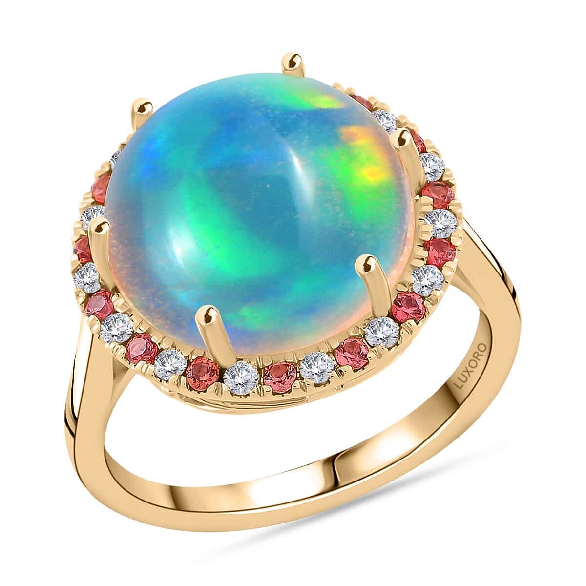 Certified and Appraised 14K Yellow Gold AAA Ethiopian Opal, Orange Sapphire, White Diamond I2 Halo Ring 7.30 ct 7953986 0