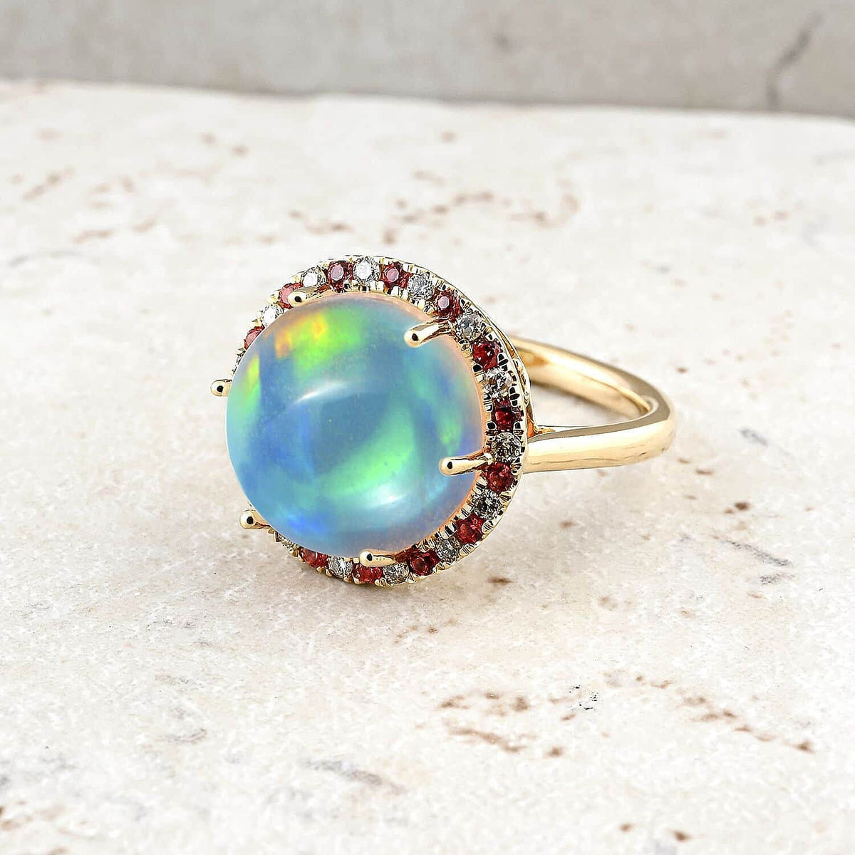 Certified and Appraised 14K Yellow Gold AAA Ethiopian Opal, Orange Sapphire, White Diamond I2 Halo Ring 7.30 ct 7953986 1